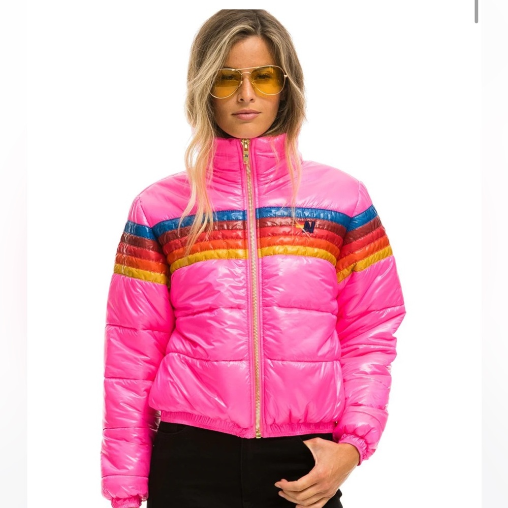 Aviator Nation 5 STRIPE LUXE APRES PUFFER JACKET - GLOSSY NEON PINK Size Small